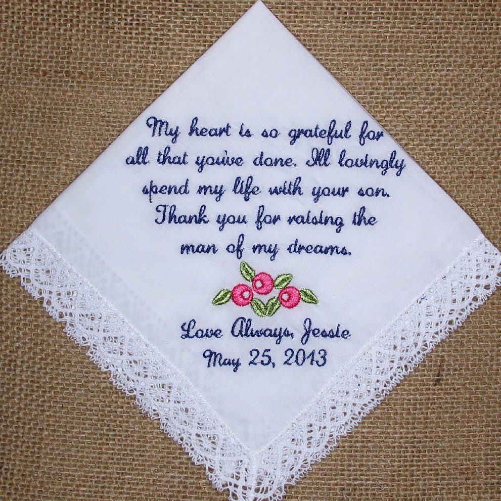 Gift for Mother of the Groom from the Bride Wedding Handkerchief Personalized