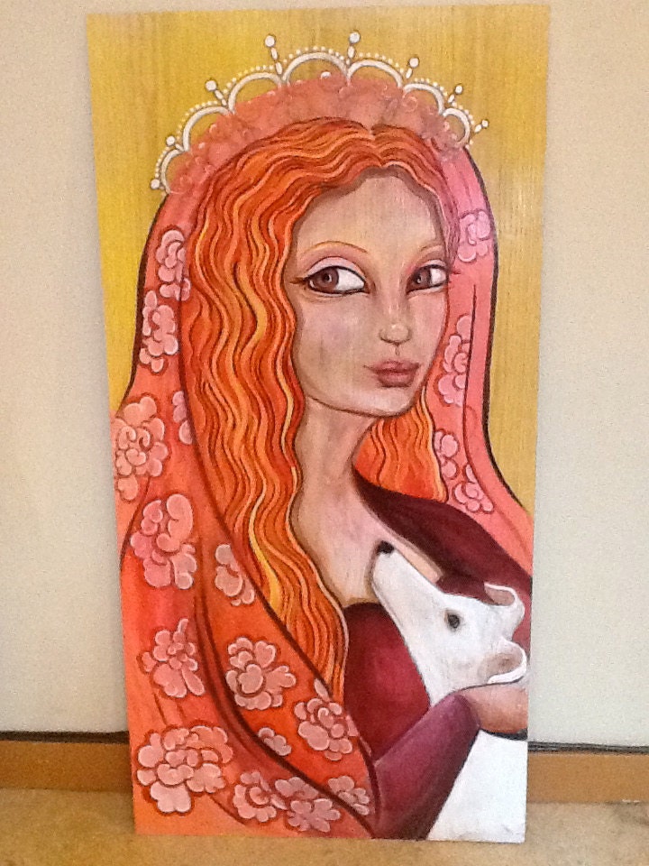 Red Head Goddess and her Greyhound dog.. Original painting, large wood panel, GICLE PRINTS on canvas and paper available on request