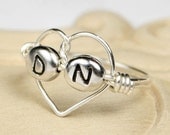 Personalized Two Letter/Initial Sterling Silver Filled Wire Wrapped Heart Ring- Any Size- Size 4, 5, 6, 7, 8, 9, 10, 11, 12, 13, 14