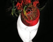 Pill Box Hat- 1940's Silk Scarlet Red with Roses and Peacock Swords