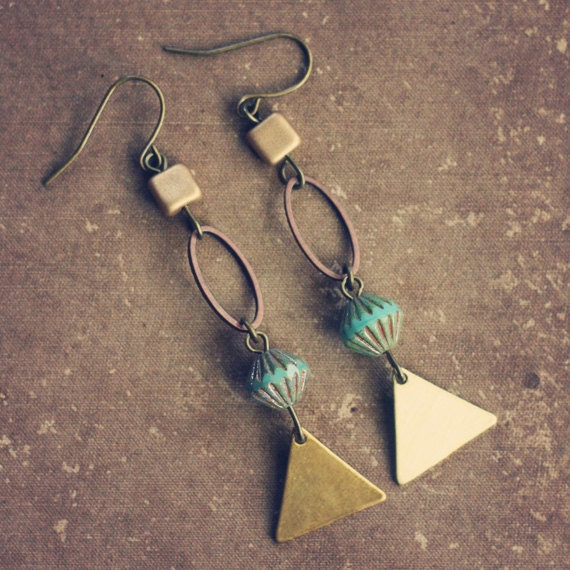 ramona.  a pair of teal and gold geometric earrings.