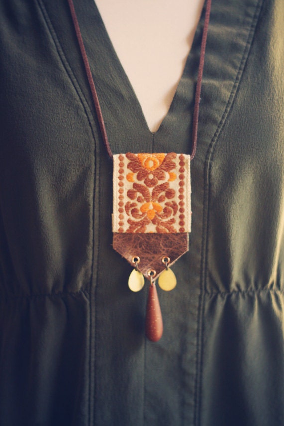 hannah.  a bohemian orange and brown textile necklace.