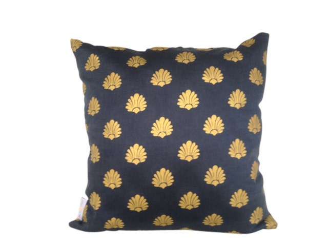 Deco cushion cover in gold ink on navy linen 48cmx48cm