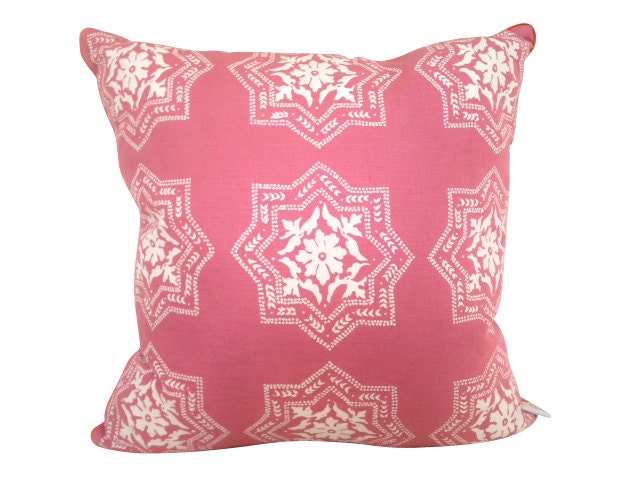 Algarve cushion cover in white ink on pink linen with orange piping 47cmx47cm