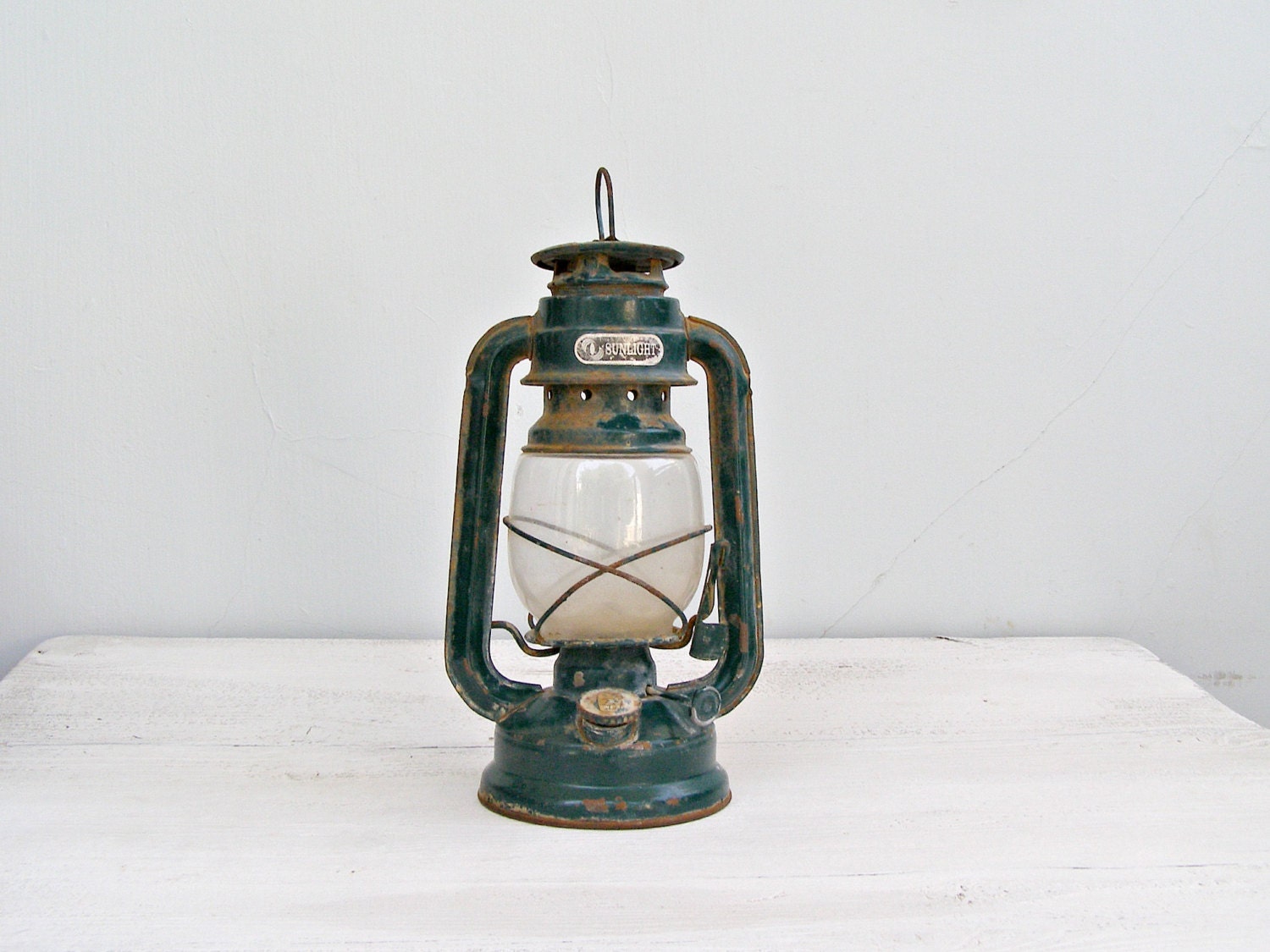 Vintage Green Lantern Lamp, Rusted Railroad Lamp, Farmhouse decor, Industrial chic, Garden decoration, Gift for man