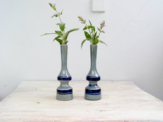 70s Ceramic Bud Vase Set Retro Gray and Blue Vase Mid by MeshuMaSH