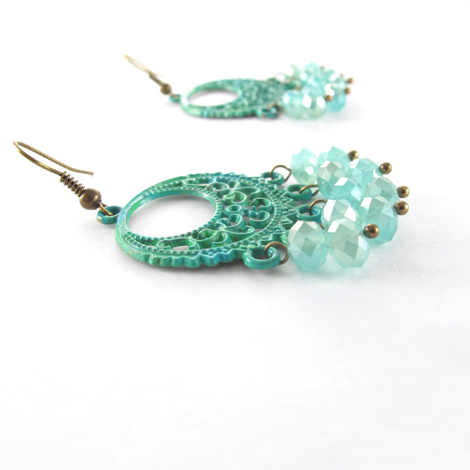 Green & Aqua Boho Chandelier Earrings, Hand Painted - MoonlightShimmer