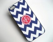 iPhone Case -  iPhone 5 - Navy Blue and White Chevron Case with Tangerine Monogram -  Accessories for iPhone 5 - Hard Plastic BLACK Case