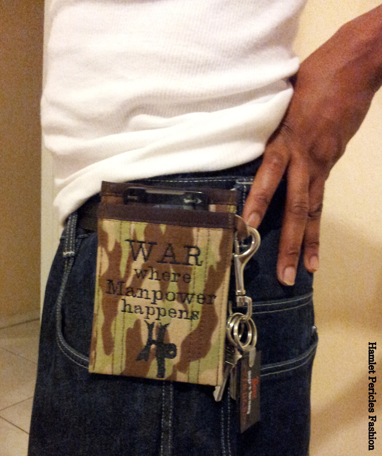 War, where manpower happens phone pouch / Army fatigue cotton / smartphone with belt and key loop by Hamlet pericles