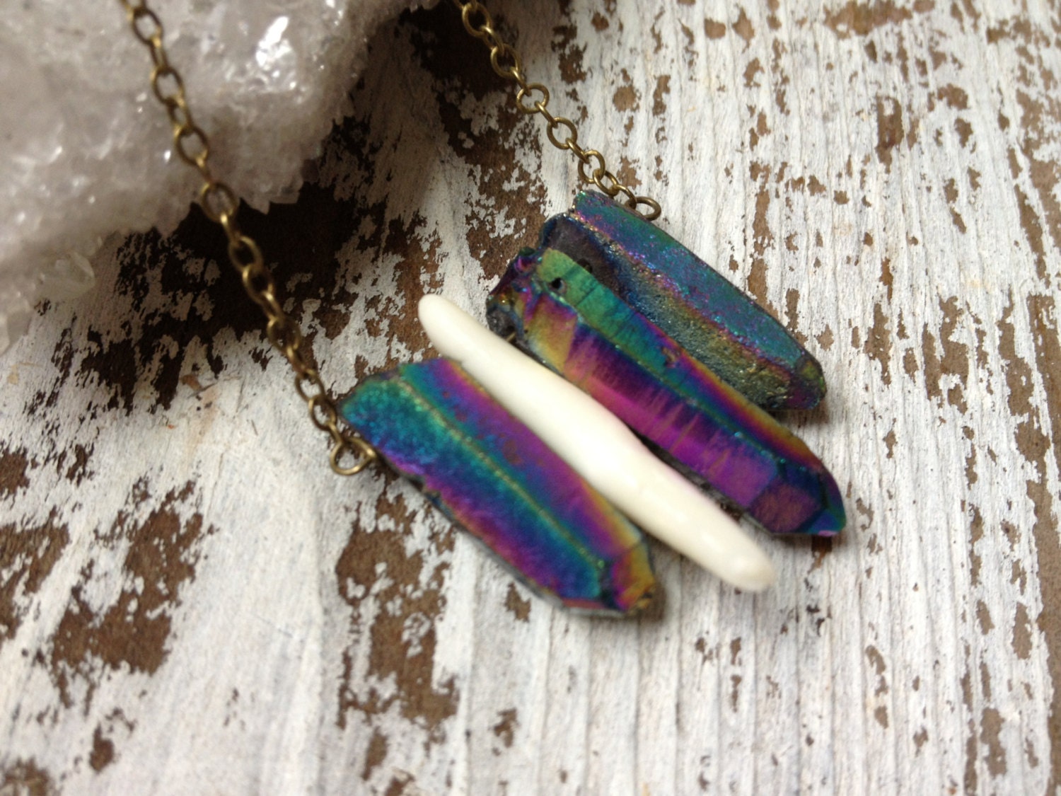 KAYA / Raw Crystal Layering Necklace - Rough Clear Quartz Point & Wolf Tooth Chevron Spear Spike Shield - Native, Tribal, Nature Inspired
