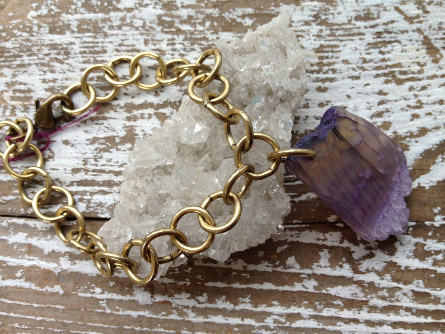 GRACE / Raw Druzy Agate Slice Quartz Crystal Stacking Bracelet - Purple Agate Geode Gemstone Chunky Barss Chain, Adjustable, Summer, Boho