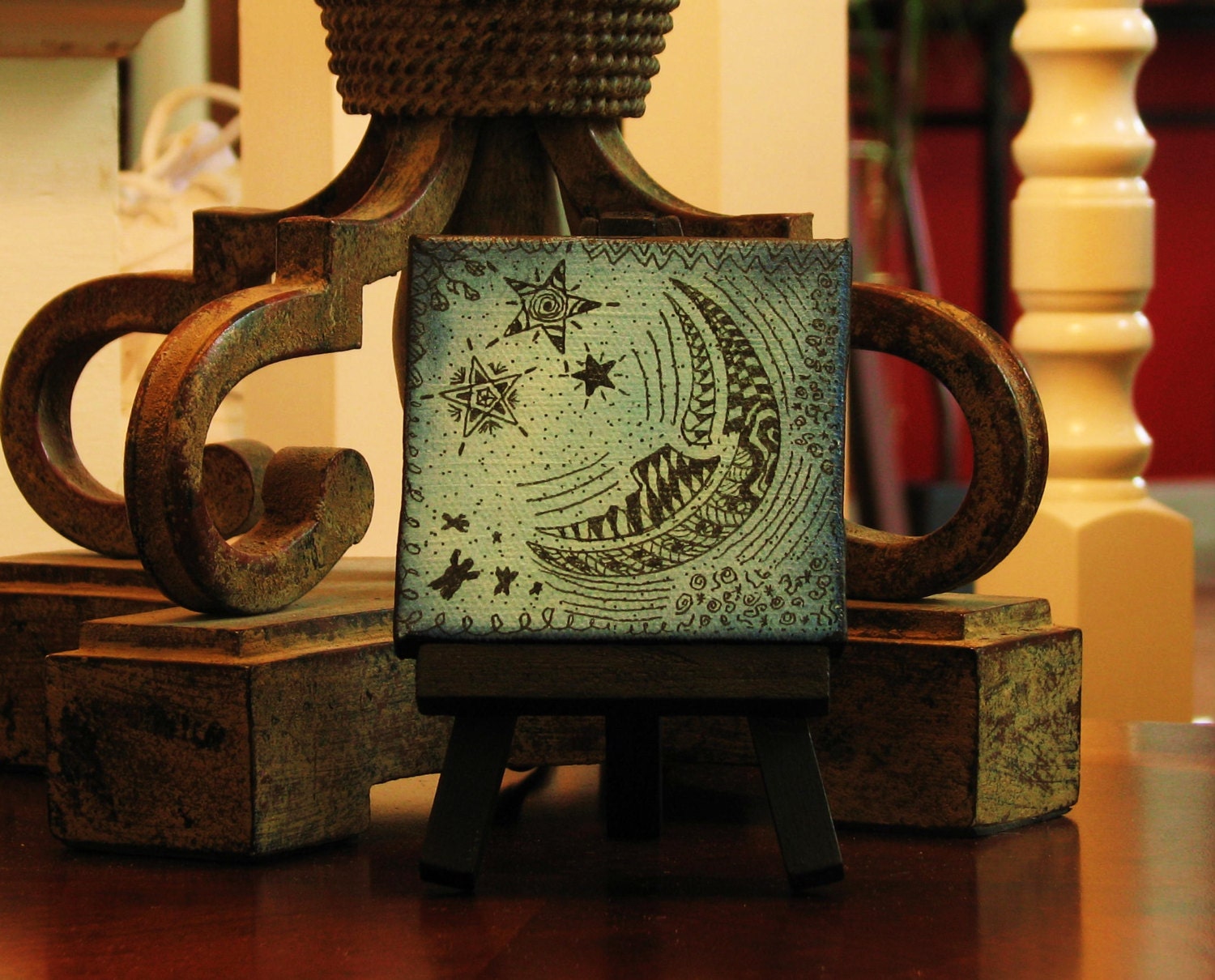 Mini Whimsical Celestial Moon with Easel. Original Handpainted & Hand Drawn Mixed Media Painting.