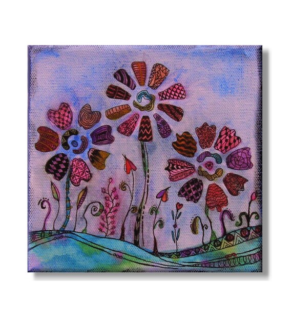 Whimsical Garden. Original Handpainted & Hand Drawn Mixed Media Painting.