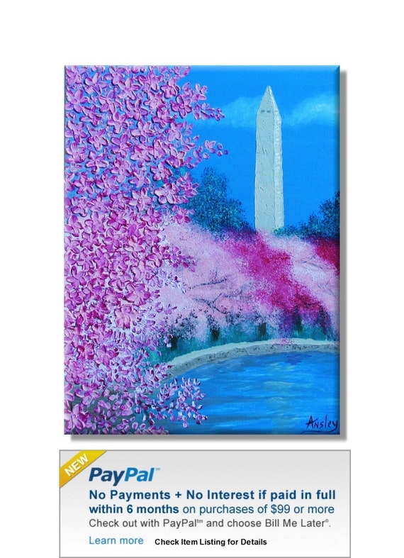 Cherry Blossom Trees with Washington Monument. Original Handpainted Acrylic Thick 3d Texture Impasto Palette Knife Painting. Size 18 x 24.