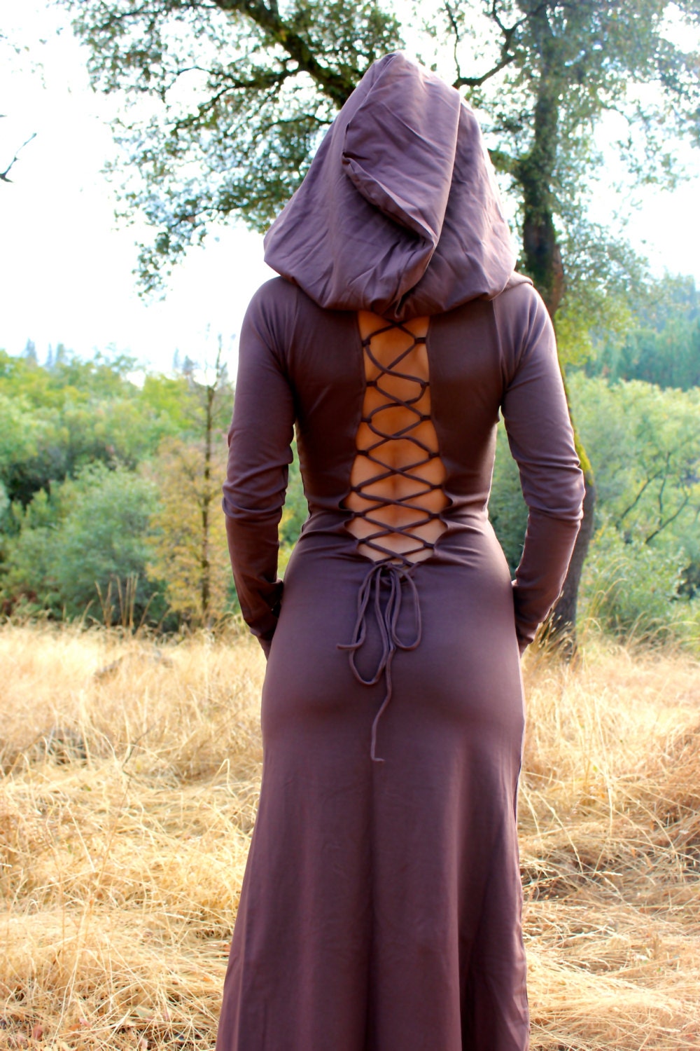 Nienna Hooded Dress With Sleeves N Open Back-  gypsy, hippie dress, sexy, elf, elven, elvish, fairy, Bohemian