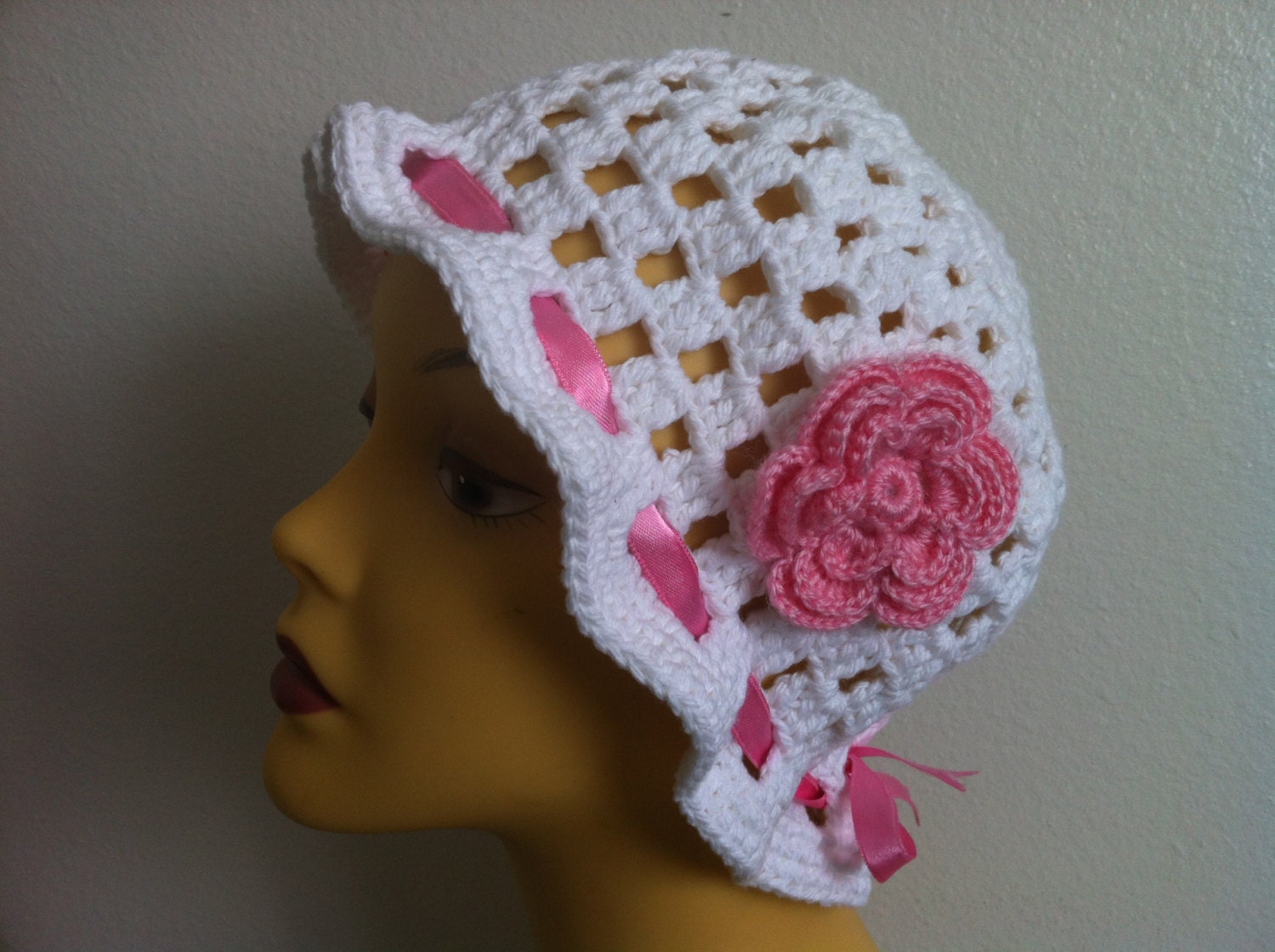 Women White Summer Cloche Hat With Flower and Ribbon, custom order for another color, USA seller