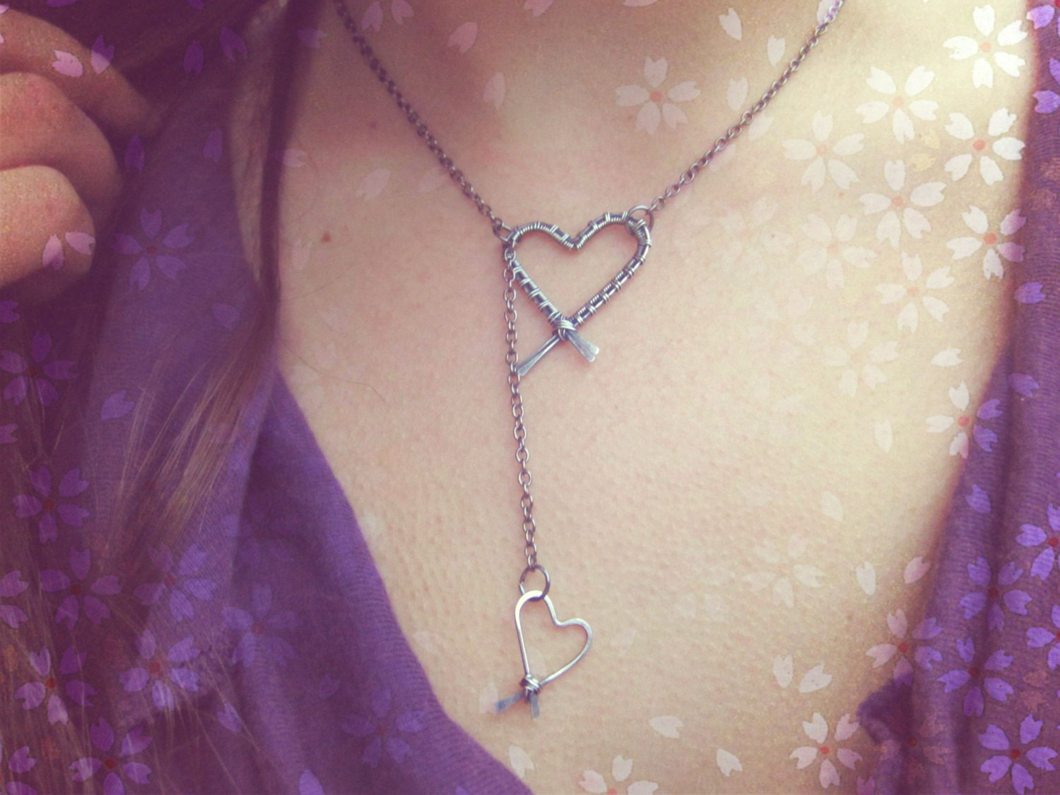 Double Heart Necklace Wire Wrapped in Sterling Silver Handmade Jewelry