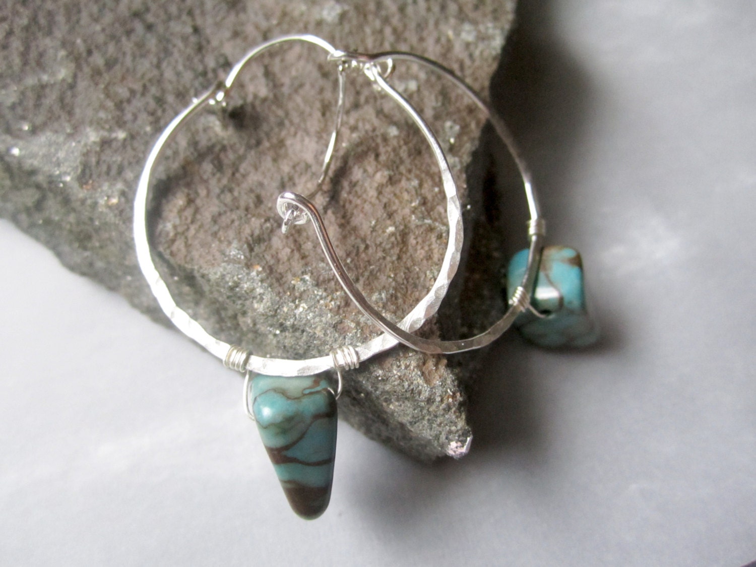 Sterling Silver Hammered Horseshoe Shapped Earrings With Wire Wrapped Aqua Zebra Stone