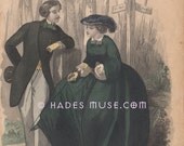 Fashionable Victorian Couple-Love-Romance-Paris Dress-Fashion-Style-Les Modes Parisiennes-1858 Antique Vintage Art Print-Gothic Picture