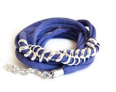 Wrap bracelet, Fabric Bracelet, Teal Bracelet, 2 in 1 Necklace, Everyday Bracelet, Silver Plated Chain