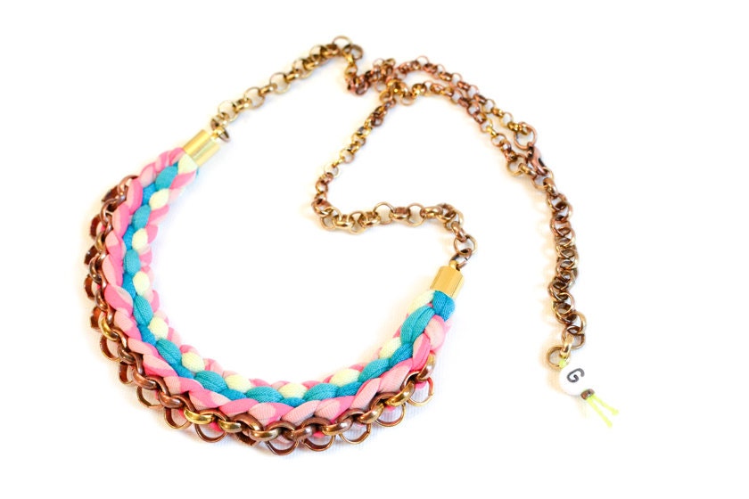 Small Tribal Necklace, Neon Fabric Necklace, Woven Necklace Pink Lime Turquoise Old Gold Chain