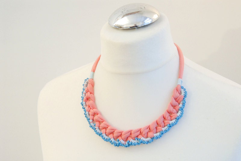necklace frosted coral crochet beaded tangerine light blue