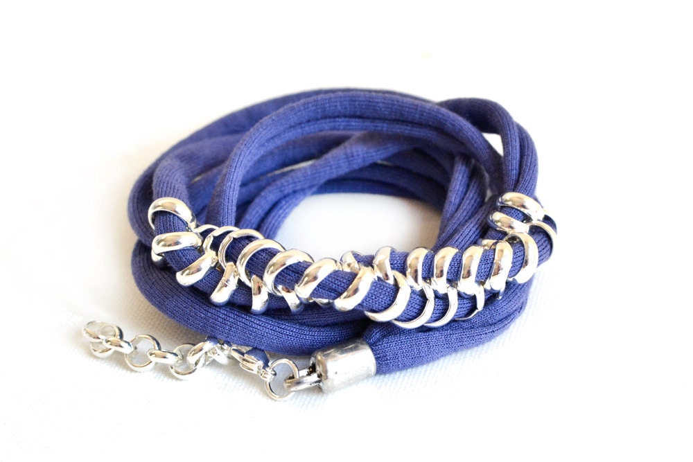 Wrap bracelet, Fabric Bracelet, Teal Bracelet, 2 in 1 Necklace, Everyday Bracelet, Silver Plated Chain