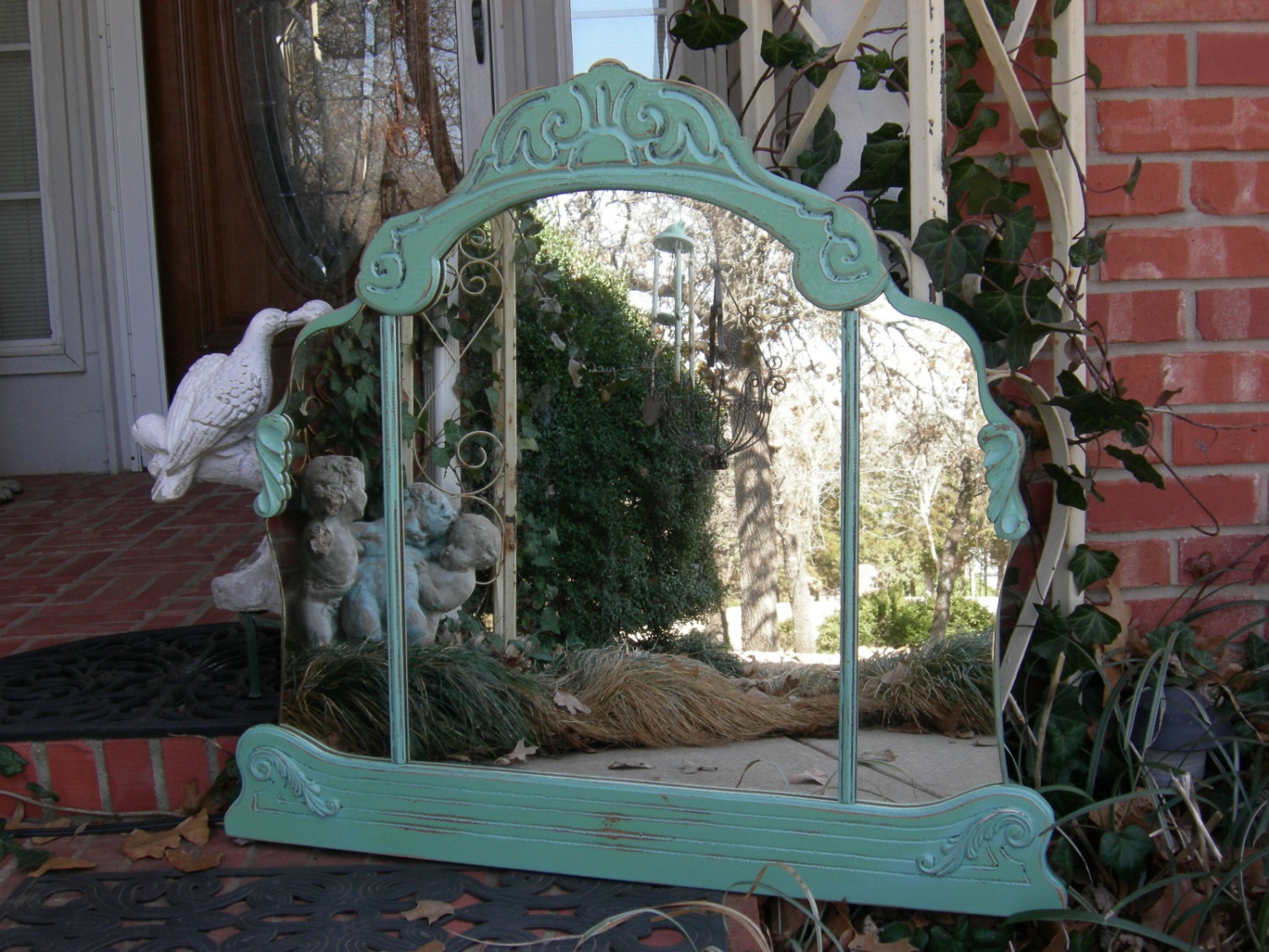 Triple Wall MIRROR Distressed Aqua Paint Shabby Chic Crown Top Ghosty Silvering