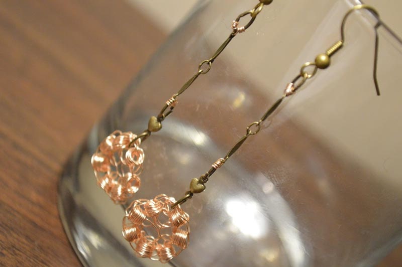 Rose Sterling Silver Crochet Wire Earrings with Heart and Antiqued Brass