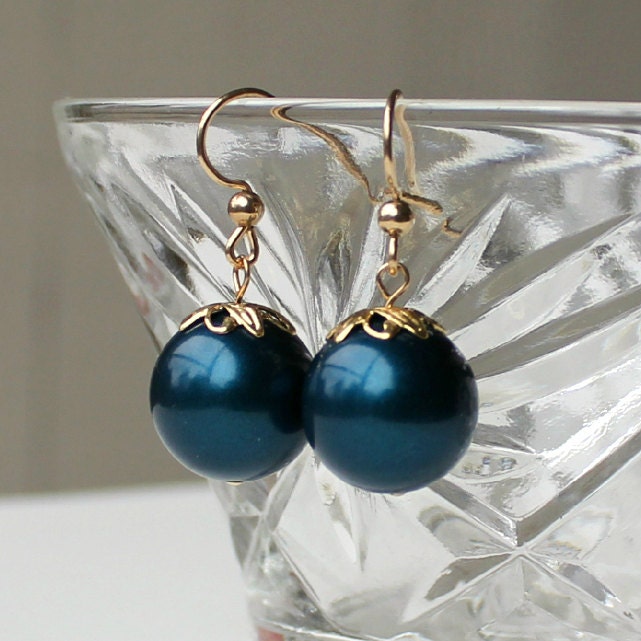 Teal Blue Earrings - Swarovski Pearl - Gold and rich Jewel Tone Blue with a gold vine and leaf bead cap