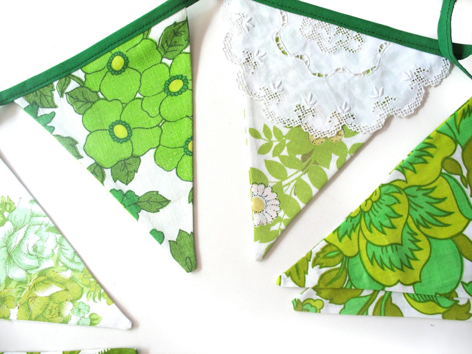 Vintage Retro 'Eco - Green Floral' Flag Bunting. Wall hanging, Party Decoration Banner, Pennant, etc