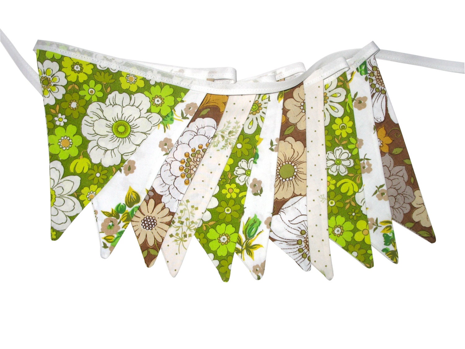 Vintage Retro Cafe / Chocolate Brown and Eco - Green .  Lace Floral Flag Bunting.  Shabby Chic Decoration.