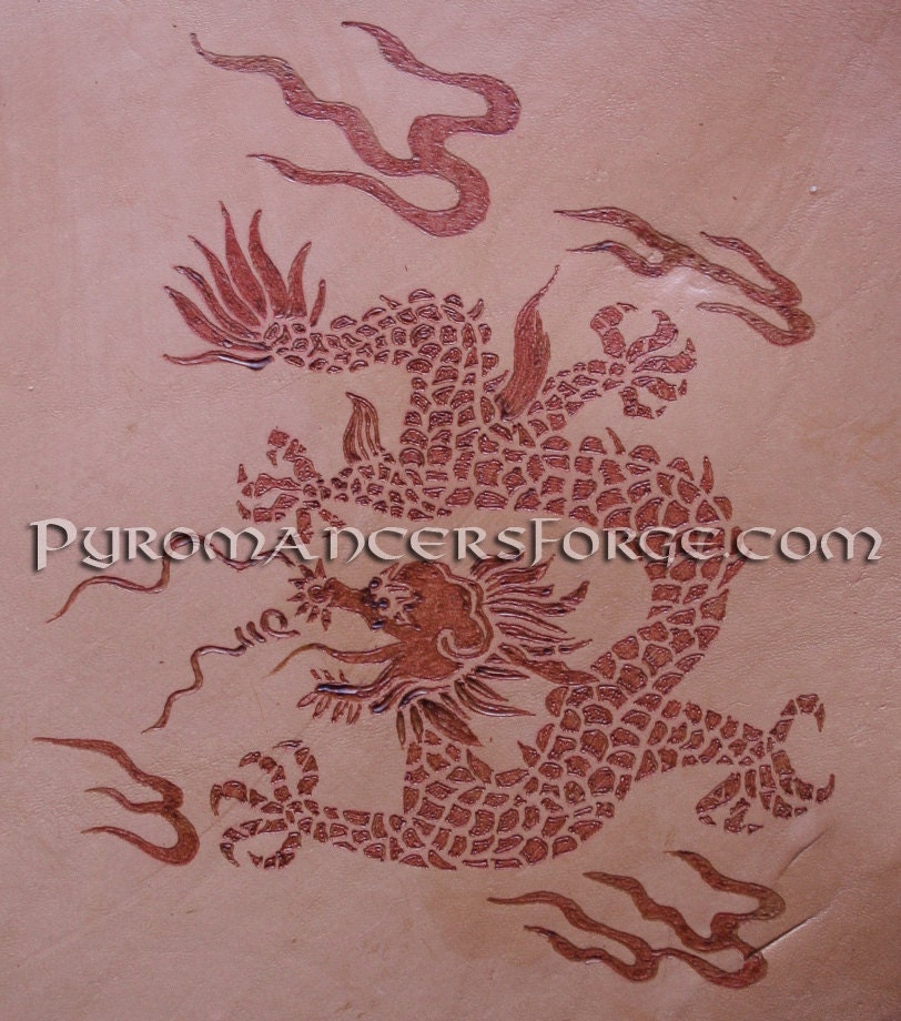 Large Leather Tattoo: Chinese Dragon leather patch custom pyrography