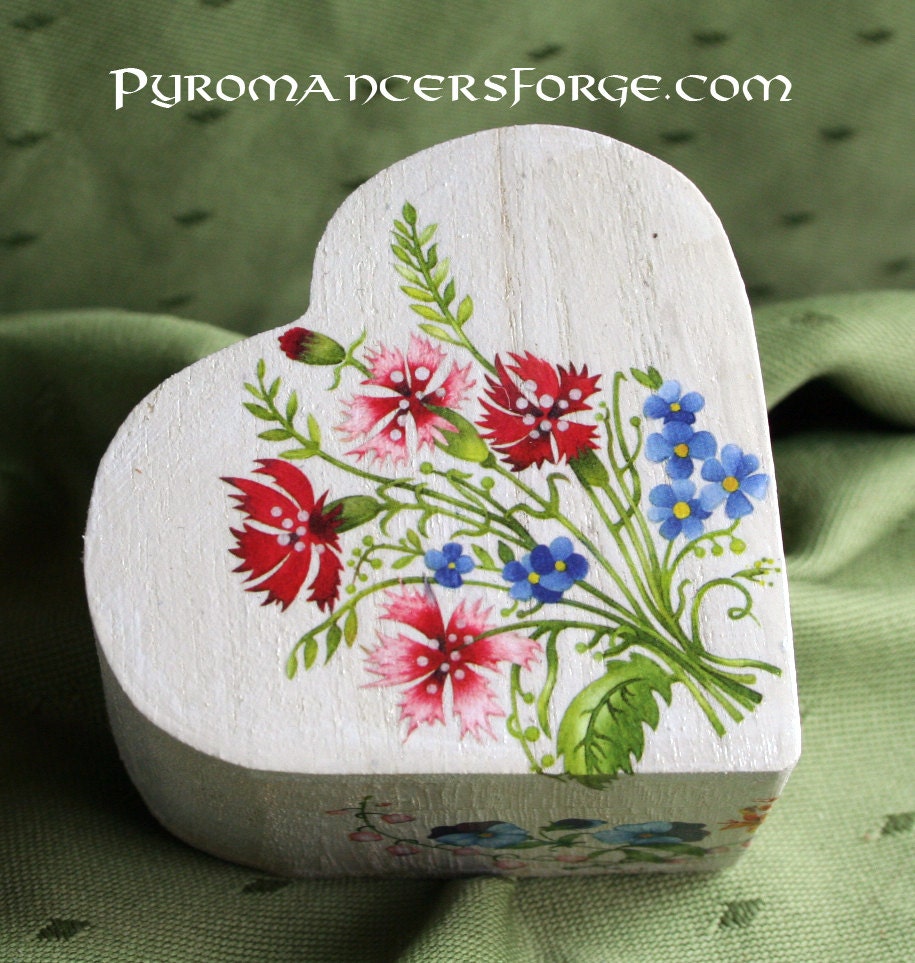 Heart Shaped Floral Decoupage Wooden Ring Box