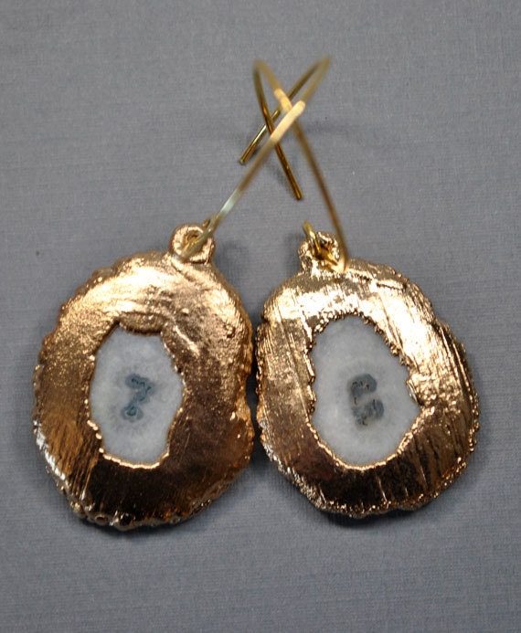 Mothers Day Sale Hand Dipped Gold Stalactite Slice Solar Quartz Drop Earrings
