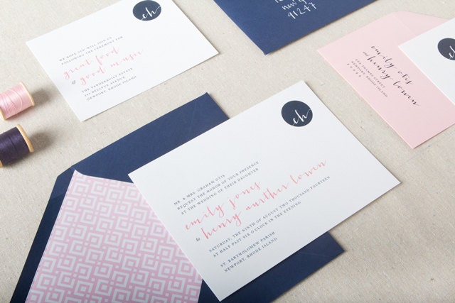 Declan Wedding Invitation in Navy and Pink - SAMPLE - Flat Print and Letterpress Wedding Invitation - Modern Calligraphy and Monogram
