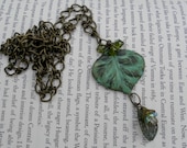Green Patina Leaf Necklace Bohemian Gypsy Brass Long Necklace Nature