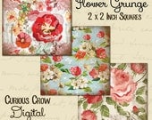 Grungy Flowers 2 x 2 Inches Square Digital Collage Sheet - Printable Download Jewelry, Pendants, Charms