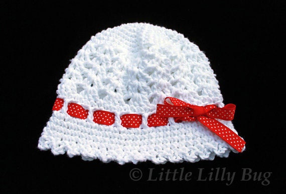 Crocheted Cloche Hat in White with Red Ribbon, sizes 0-3 months, 3-6 months, 6-12 months, Toddler, Made to Order