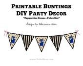 Cappuccino Cream DIY Bunting with Blue Police Box, Dots & Stripes Pennant Party Decorations, Printable PDF Instant Download