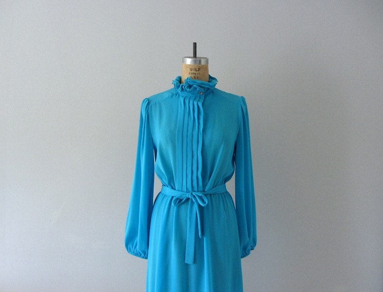 80s turquoise dress . vintage 1980s secretary dress . bright aqua dress