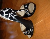 Womens high heel peep toe pumps, hand painted with cowhide and glitter buckle