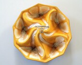 BUTTERSCOTCH CREAM SWIRL Dish Vintage 60s or 70s California Pottery Sequoia Ware Divided Dipping Bowl Faux Bois Redwood Pattern & Handle
