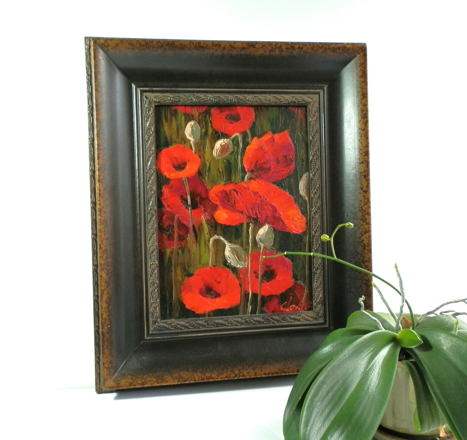 Vintage Original Painting Red Poppies Wood Frame Signed Artwork Oil Acrylic Large Painting Home Decor