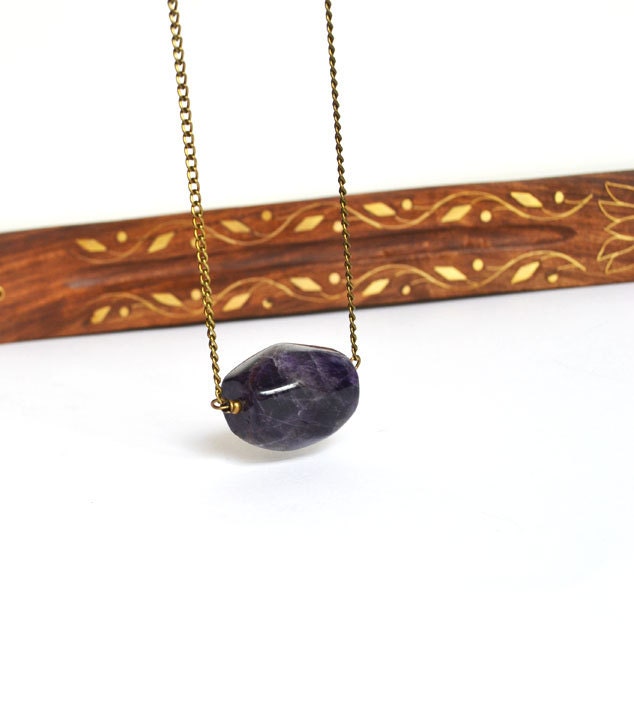 Amethyst Single Stone Necklace, Purple Nugget Stone Necklace, Amethyst Jewelry, February Stone Aquarius
