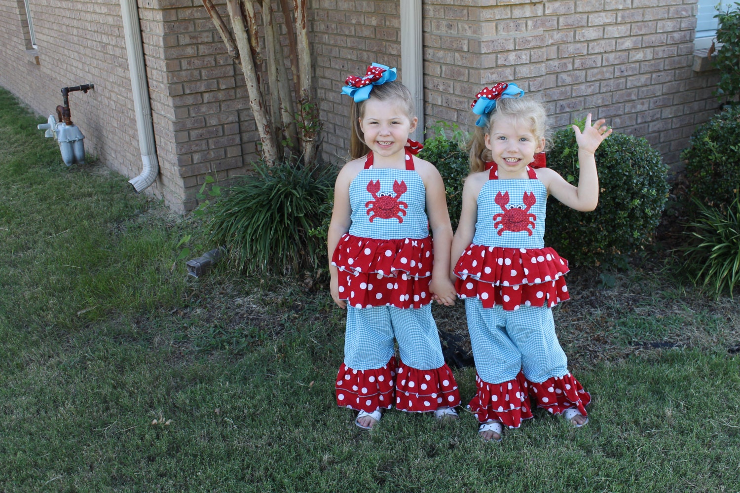 Sparkling Crab Ruffled Cross tie Halter with Matching Crab Bow