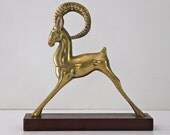 Vintage Brass Ram on Wood Base