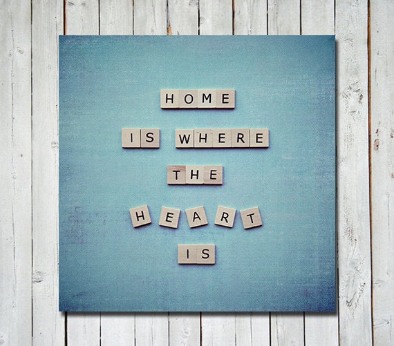 Scrabble quote print - quote art wall art home decor - quote photograph - 5x5 - home is where the heart is - quote home decor