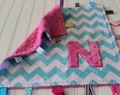 Aqua & Pink Personalized Chevron Ribbon Baby Blanket - Tag Lovie - Minky Security Blanket - Monogram Lovey Blanket