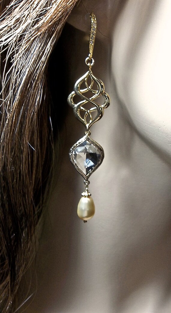 Statement Earrings - Gold - Elegant - long pearl earrings -14k Gold over Sterling Cubic Zirconia ear wires - Bridal jewelry-